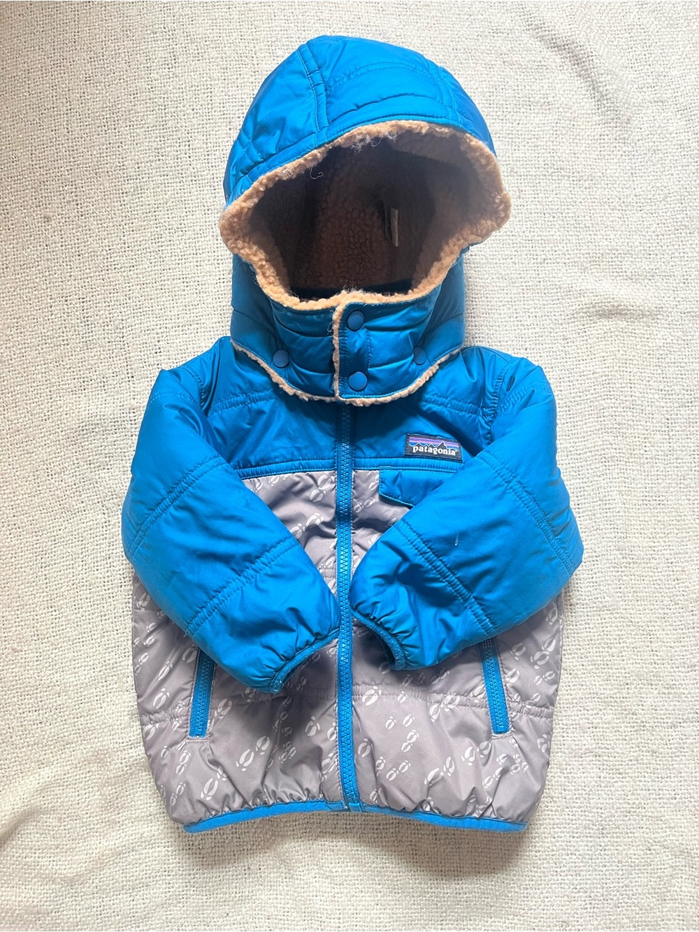 Patagonia Kids Reversible Blue and Gray Hooded Puffer Fleece Jacket